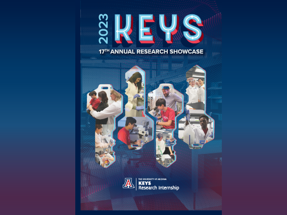 Four key cutouts with pictures of KEYS interns inside of them. They alternate facing up and down, and the text at the top reads "2023 KEYS 17th Annual Research Showcase."
