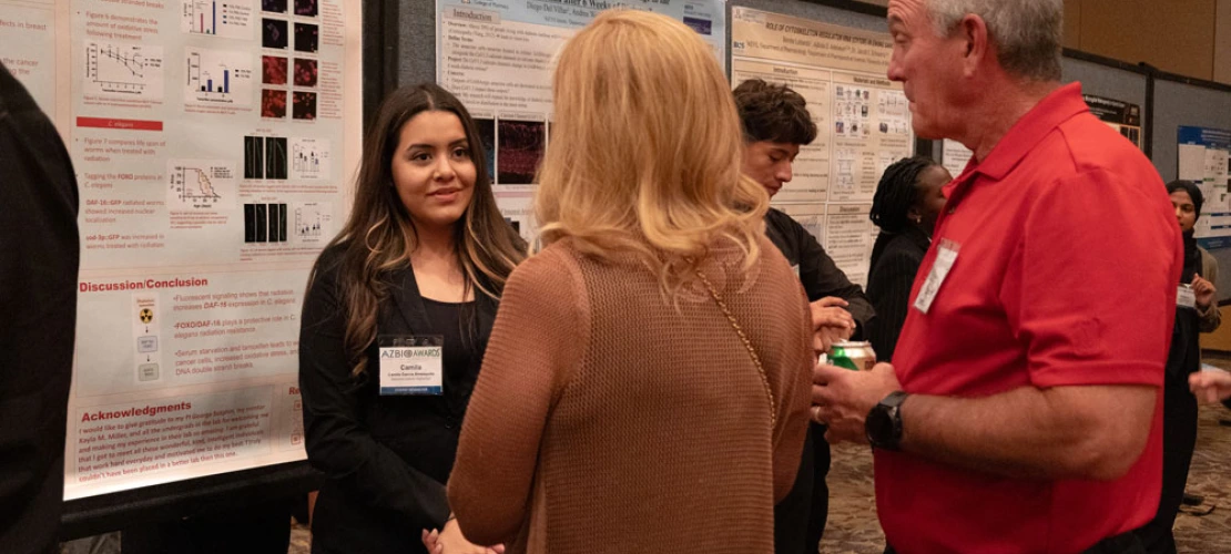 Three people engaged in a conversation at a scientific poster session. One individual is presenting research information displayed on large posters.
