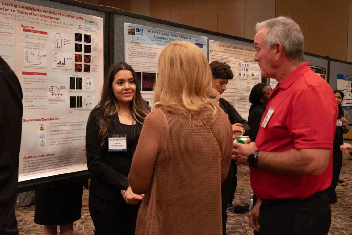 Three people engaged in a conversation at a scientific poster session. One individual is presenting research information displayed on large posters.