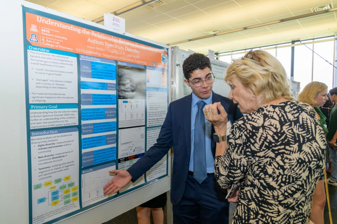 A person presents a research poster titled "Understanding the Relationship Between Genetics and Autism Spectrum Disorder" to another individual at a conference. They are gesturing towards a section of the poster, and both are engaged in discussion.