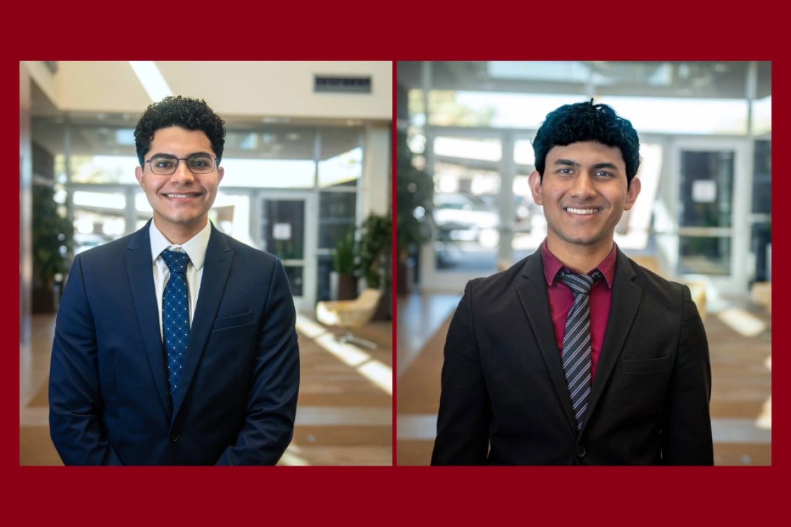 Two professional portraits of individuals in business attire, smiling in an indoor setting with a blurred background.