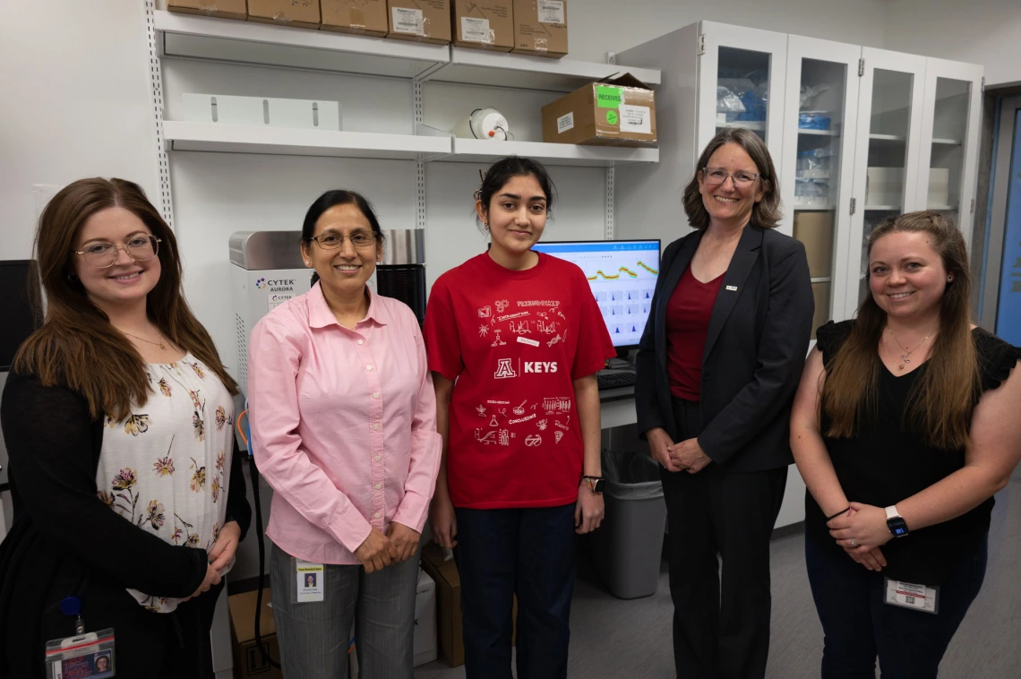 Five individuals standing in a laboratory equipped with shelves full of supplies. From left to right, there is a digital display showing a graph behind them. All are smiling at the camera.