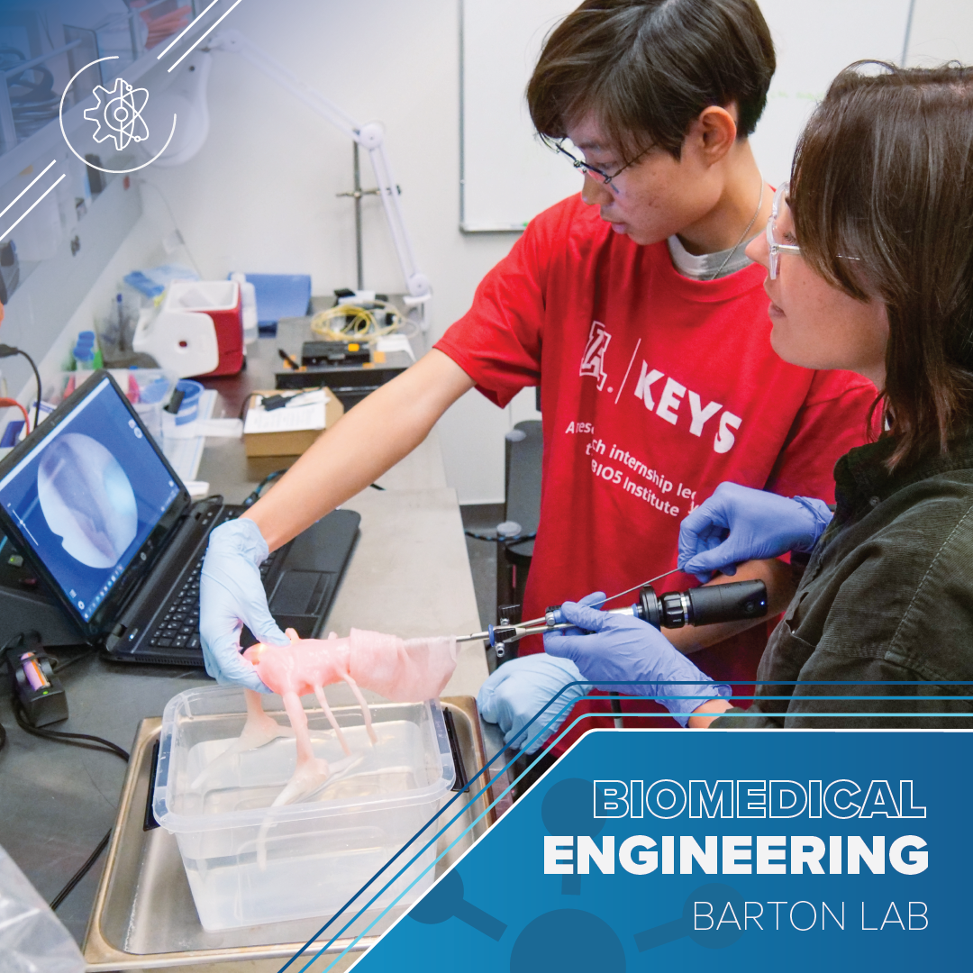 Young man in a red KEYS tshirt practices with a medical device. A woman guides him as they look at a computer screen. Text reads Biomedical Engineering Barton Lab