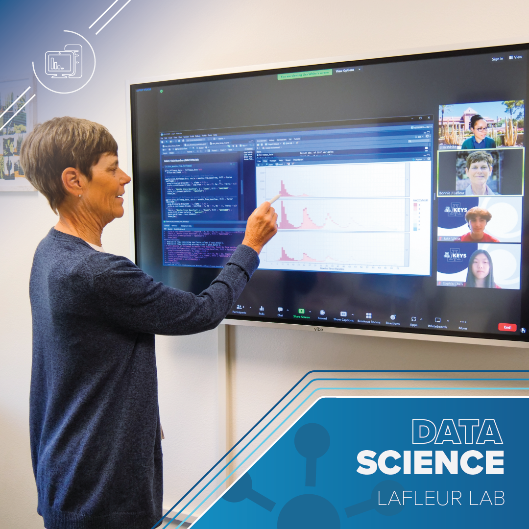Woman points at a large screen with various coding applications and datasets. On the right hand side several people listen and watch on Zoom. Text reads Data Science LaFleur Lab