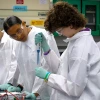 Three people in white coats are focused on conducting an experiment in a lab setting, handling test tubes and other scientific equipment.